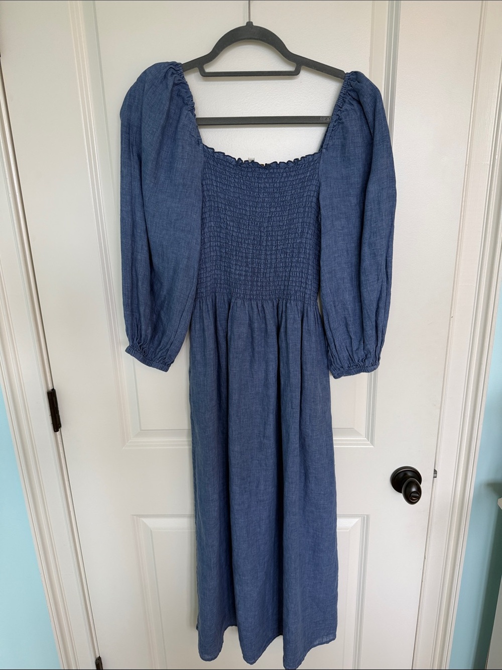 ANN MASHBURN Indigo-Blue Smocked Midi Dress with Puff Sleeves
